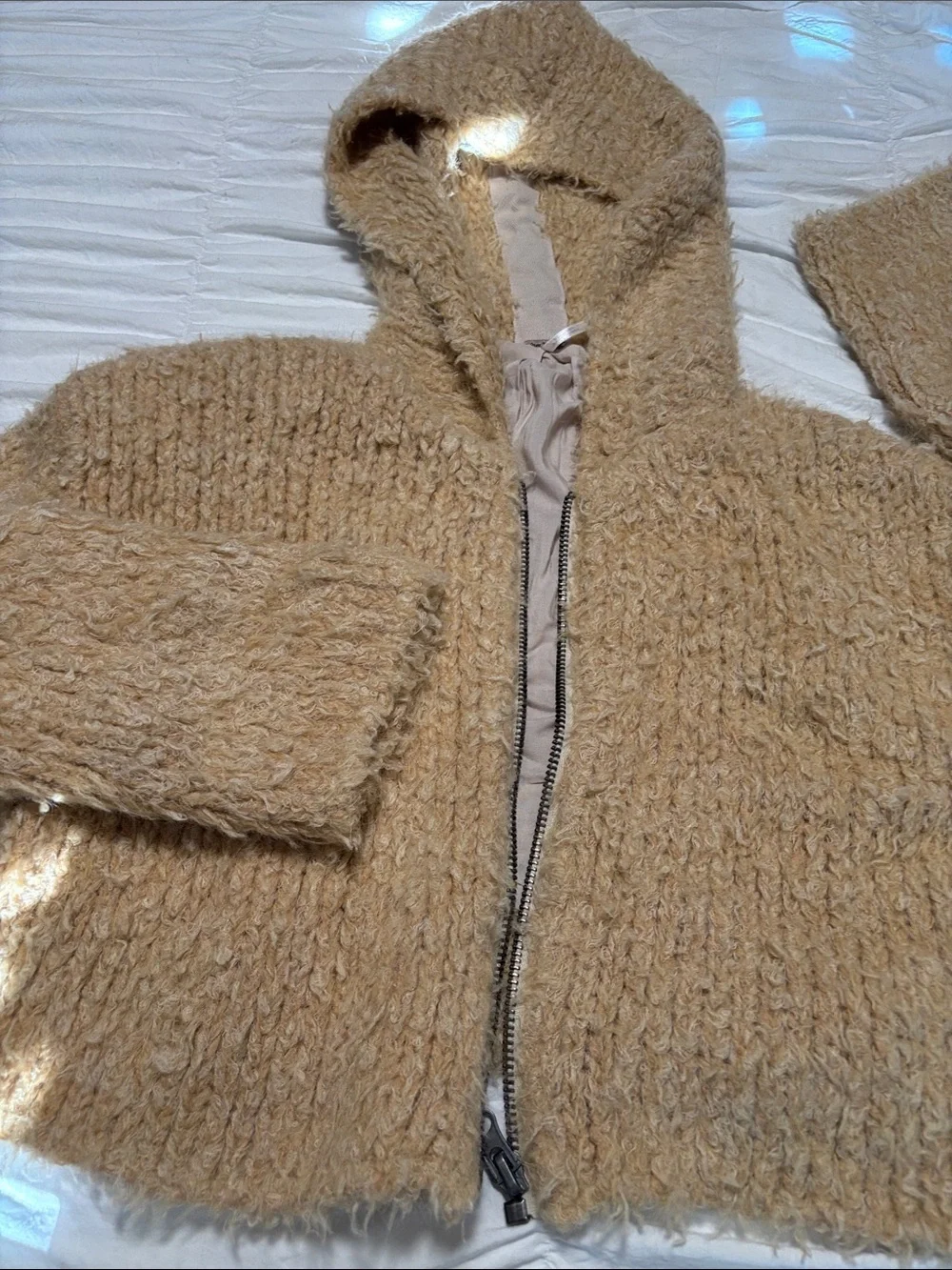 Free People Chunky Hooded Zip Teddy Jacket in Camel